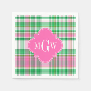 Emerald Green Hot Pink Wht Preppy Madras Monogram Napkin
