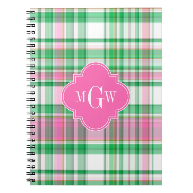 Emerald Green Hot Pink Wht Preppy Madras Monogram Notebook (Front)