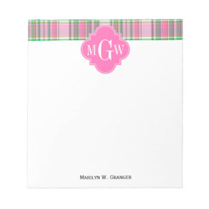 Emerald Green Hot Pink Wht Preppy Madras Monogram Notepad