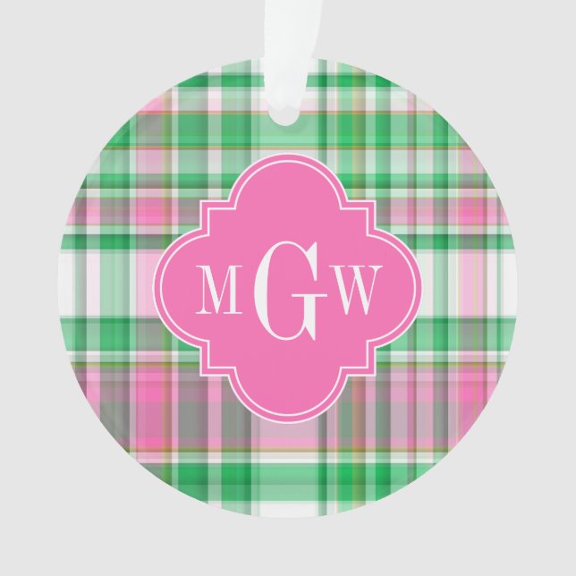 Emerald Green Hot Pink Wht Preppy Madras Monogram Ornament (Front)