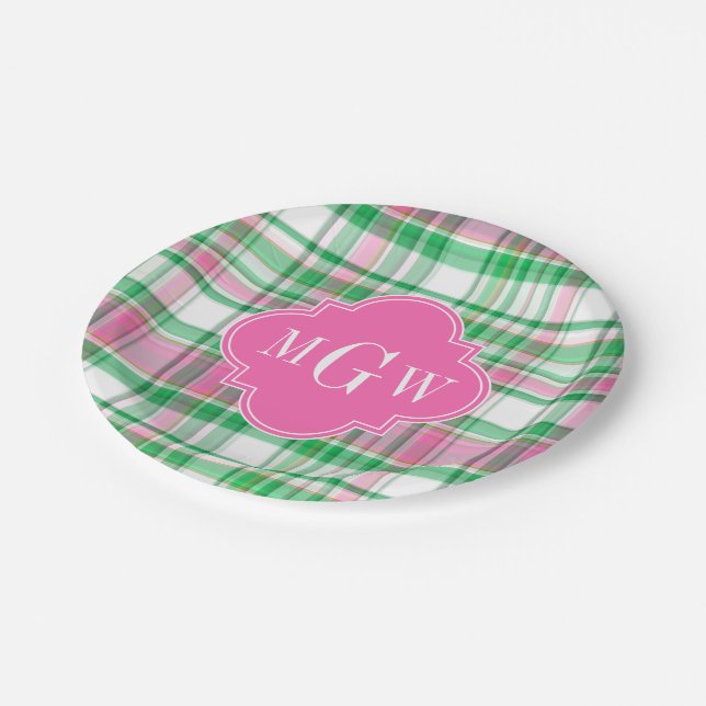 Emerald Green Hot Pink Wht Preppy Madras Monogram Paper Plate (Angled)