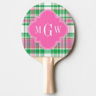 Emerald Green Hot Pink Wht Preppy Madras Monogram Ping Pong Paddle