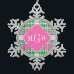 Emerald Green Hot Pink Wht Preppy Madras Monogram Snowflake Pewter Christmas Ornament<br><div class="desc">Shades of Emerald Green, Hot Pink and White Preppy Madras Style Plaid Pattern Hot Pink Quatrefoil Monogram Customise this with your 3 initial monogram, name or other text. You can also change the font, adjust font size and font colos, move the text to adjust letter spacing, add text fields, etc....</div>