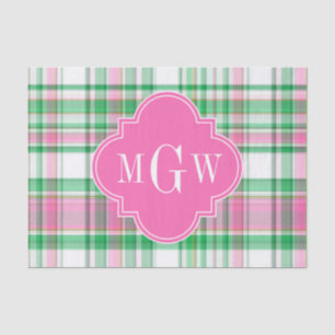 Emerald Green Hot Pink Wht Preppy Madras Monogram Tissue Paper