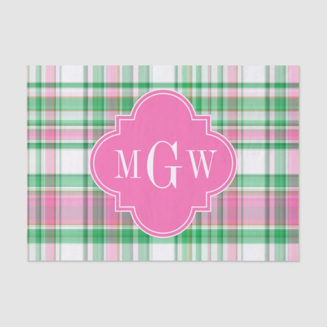 Emerald Green Hot Pink Wht Preppy Madras Monogram Tissue Paper (Front)