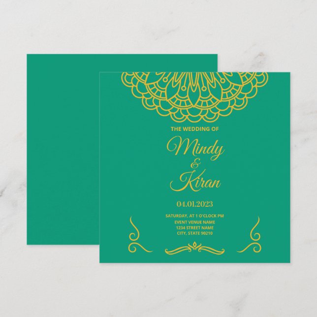 Emerald Green Indian Jewel Tone Wedding Invitation (Front/Back)