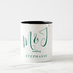 Emerald Green Initials & Name Wedding Two-Tone Coffee Mug