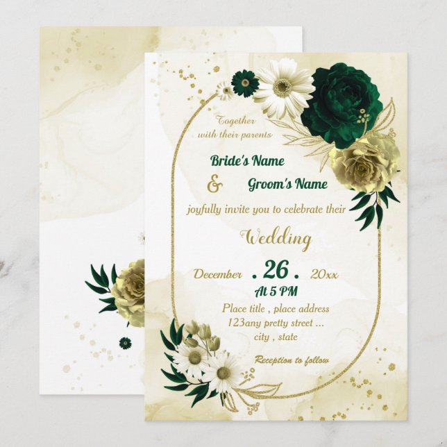 Emerald green ivory gold floral geometric wedding invitation (Front/Back)