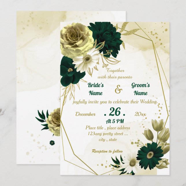 Emerald green ivory gold floral geometric wedding invitation (Front/Back)