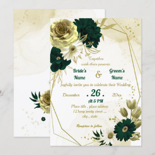 Emerald green ivory gold floral geometric wedding invitation
