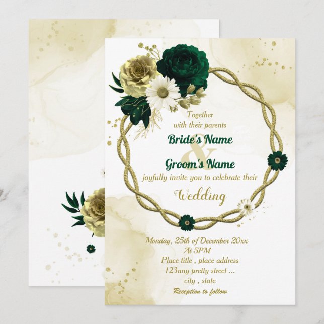 Emerald green ivory gold floral wreath wedding invitation (Front/Back)