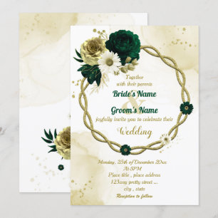 Emerald green ivory gold floral wreath wedding invitation