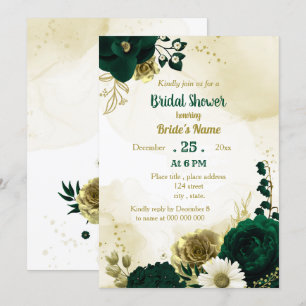 Emerald green ivory gold flowers bridal shower invitation