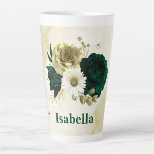 Emerald green ivory gold flowers monogram latte mug