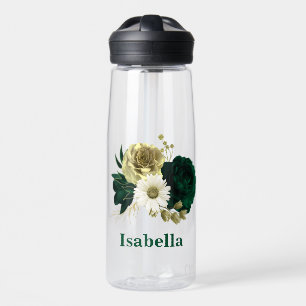 Emerald green ivory gold flowers monogram water bottle