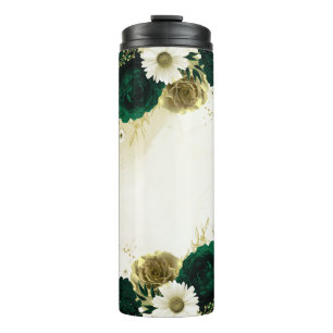 Emerald green ivory gold flowers thermal tumbler