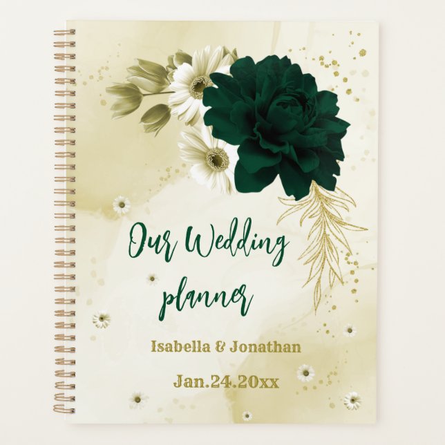 Emerald green ivory gold flowers wedding planner (Front)