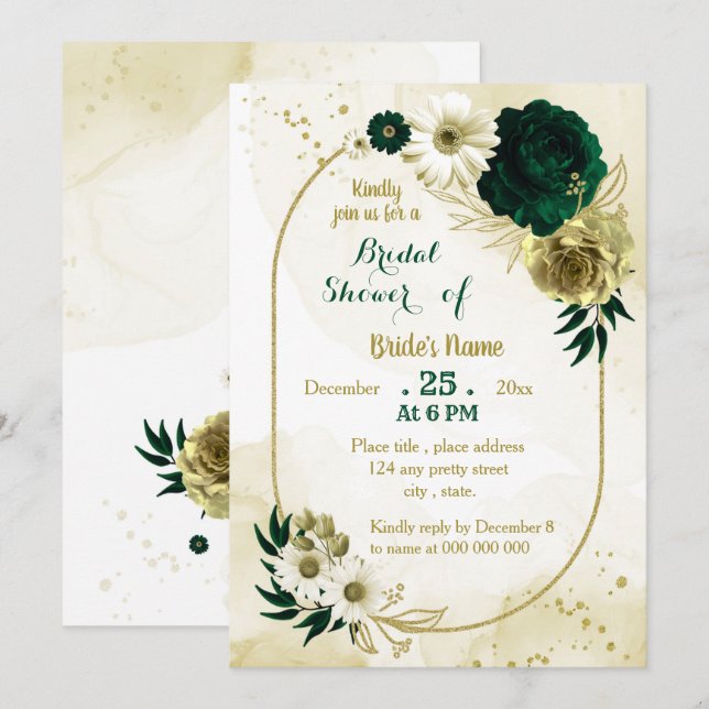 Emerald green ivory gold geometric bridal shower invitation (Front/Back)