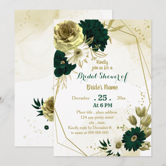 Emerald green ivory gold geometric bridal shower invitation (Front/Back)