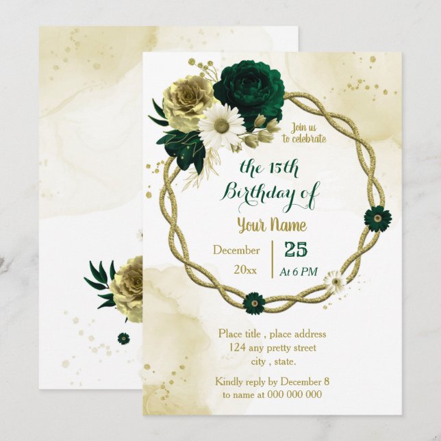 Emerald green ivory gold wreath birthday party invitation (Front/Back)