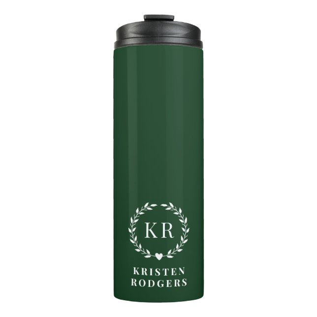 Emerald Green Laurel Wreath Crest Monogram Thermal Tumbler (Front)