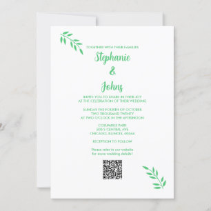 Emerald Green Leaf Script White QR Code Wedding Invitation
