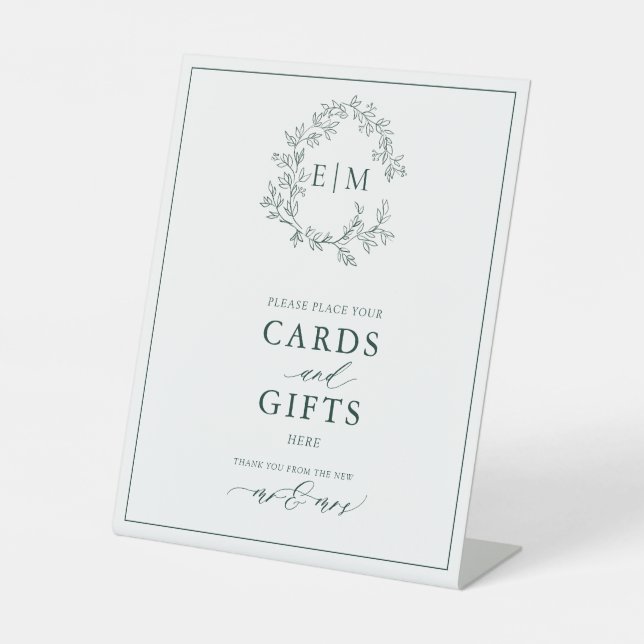 Emerald Green Leafy Crest Monogram Card & Gifts Pedestal Sign (Front)