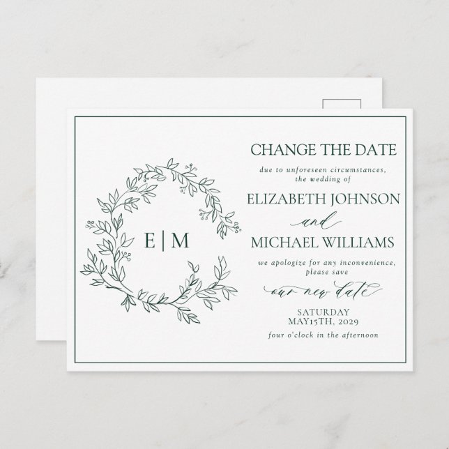 Emerald Green Leafy Crest Monogram Change The Date Invitation Postcard (Front/Back)
