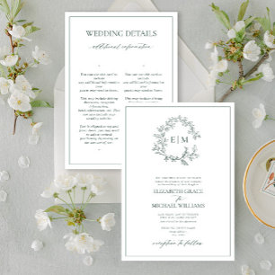 Emerald Green Leafy Crest Monogram Details Wedding Invitation