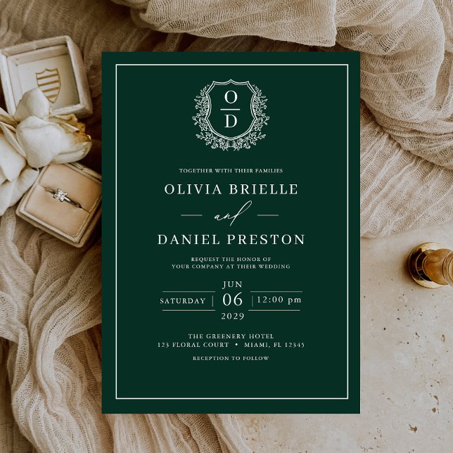 Emerald Green Leafy Crest Monogram Elegant Wedding Invitation (Creator Uploaded)