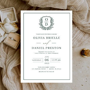 Emerald Green Leafy Crest Monogram Elegant Wedding Invitation