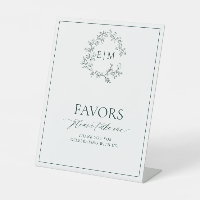 Emerald Green Leafy Crest Monogram Favours Pedestal Sign (Front)