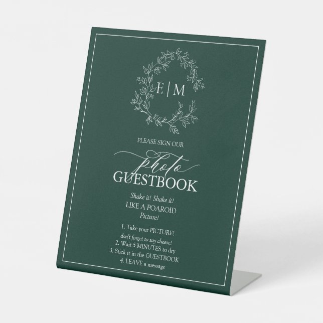 Emerald Green Leafy Crest Monogram Photo Guestbook Pedestal Sign (Front)