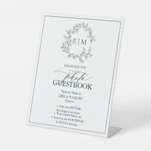 Emerald Green Leafy Crest Monogram Photo Guestbook Pedestal Sign