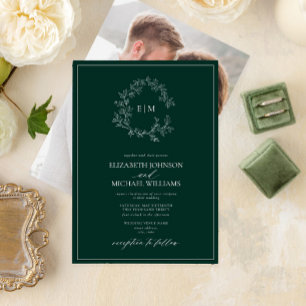 Emerald Green Leafy Crest Monogram Photo Wedding  Invitation