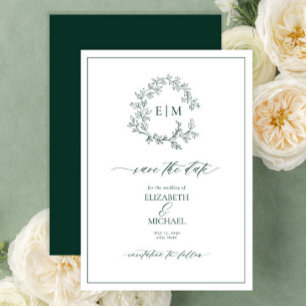 Emerald Green Leafy Crest Monogram Save the Date Invitation
