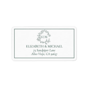 Emerald Green Leafy Crest Monogram Wedding Address Label