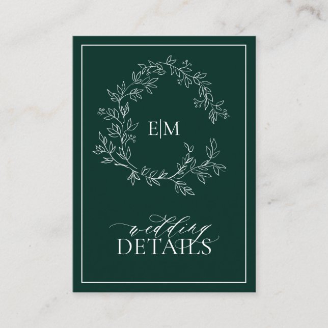 Emerald Green Leafy Crest Monogram Wedding Details Enclosure Card (Front)