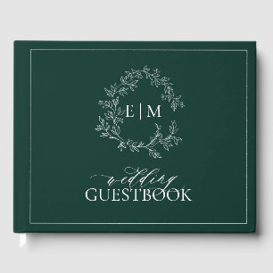 Emerald Green Leafy Crest Monogram Wedding Guest Book