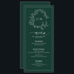 Emerald Green Leafy Crest Monogram Wedding Menu<br><div class="desc">Create the perfect reception setting! We're loving this trendy, modern emerald green 4"x 9" wedding menu! Simple, elegant, and oh-so-pretty, it features a hand drawn leafy wreath encircling a modern wedding monogram. It is personalised in elegant typography, and accented with hand-lettered calligraphy. Finally, it is trimmed in a delicate frame....</div>