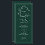 Emerald Green Leafy Crest Monogram Wedding Menu<br><div class="desc">Create the perfect reception setting! We're loving this trendy, modern emerald green 4"x 9" wedding menu! Simple, elegant, and oh-so-pretty, it features a hand drawn leafy wreath encircling a modern wedding monogram. It is personalised in elegant typography, and accented with hand-lettered calligraphy. Finally, it is trimmed in a delicate frame....</div>