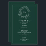 Emerald Green Leafy Crest Monogram Wedding Menu<br><div class="desc">Create the perfect reception setting! We're loving this trendy, modern emerald green 5.5"x 8.5" wedding menu! Simple, elegant, and oh-so-pretty, it features a hand drawn leafy wreath encircling a modern wedding monogram. It is personalised in elegant typography, and accented with hand-lettered calligraphy. Finally, it is trimmed in a delicate frame....</div>