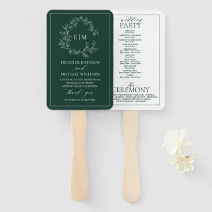 Emerald Green Leafy Crest Monogram Wedding Program Hand Fan