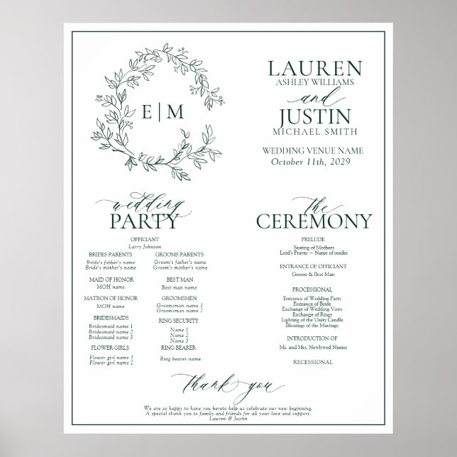 Emerald Green Leafy Crest Monogram Wedding Program Poster (Front)