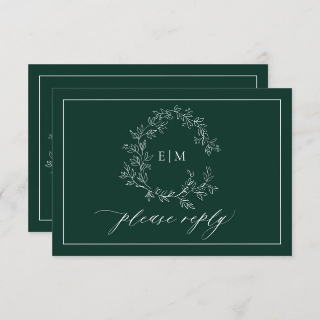 Emerald Green Leafy Crest Monogram Wedding RSVP (Front/Back)