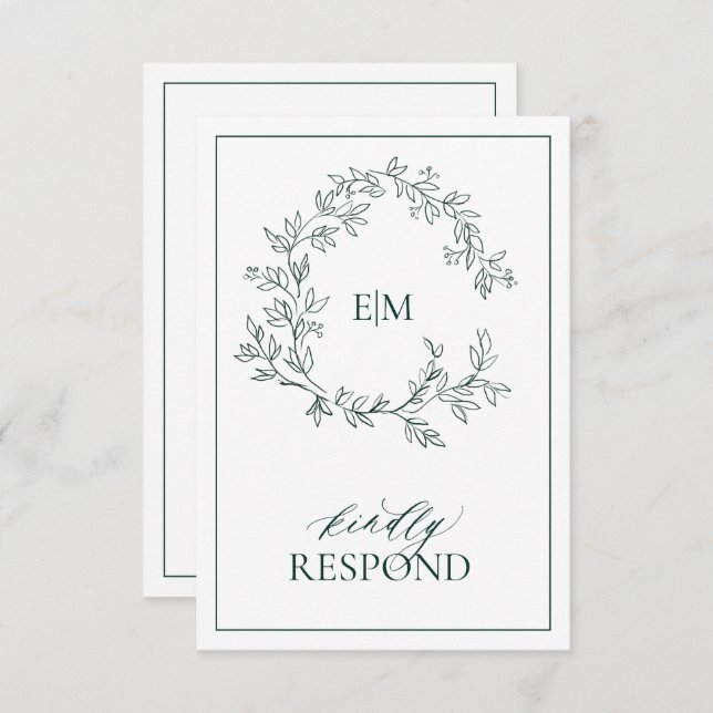 Emerald Green Leafy Crest Monogram Wedding RSVP (Front/Back)