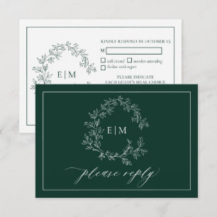 Emerald Green Leafy Crest Monogram Wedding RSVP  Card