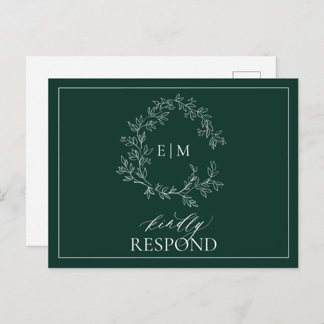 Emerald Green Leafy Crest Monogram Wedding RSVP Invitation Postcard (Front/Back)