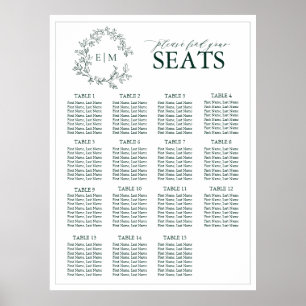 Emerald Green Leafy Crest Monogram Wedding Seating Poster