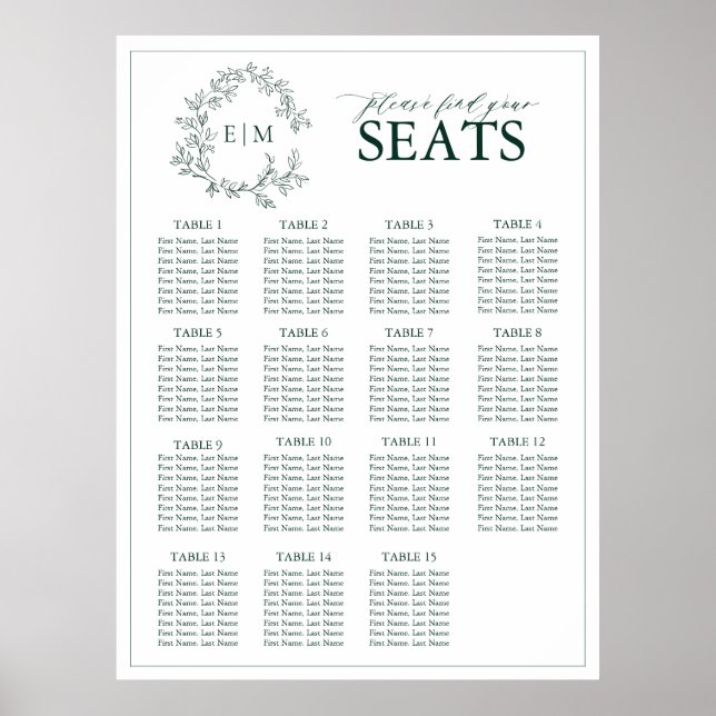 Emerald Green Leafy Crest Monogram Wedding Seating Poster (Front)